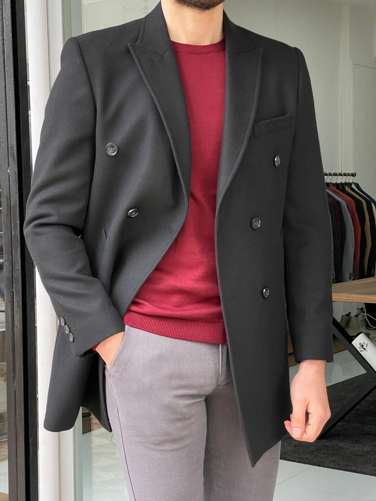 Denver Black Double Breasted Slim Fit Coat