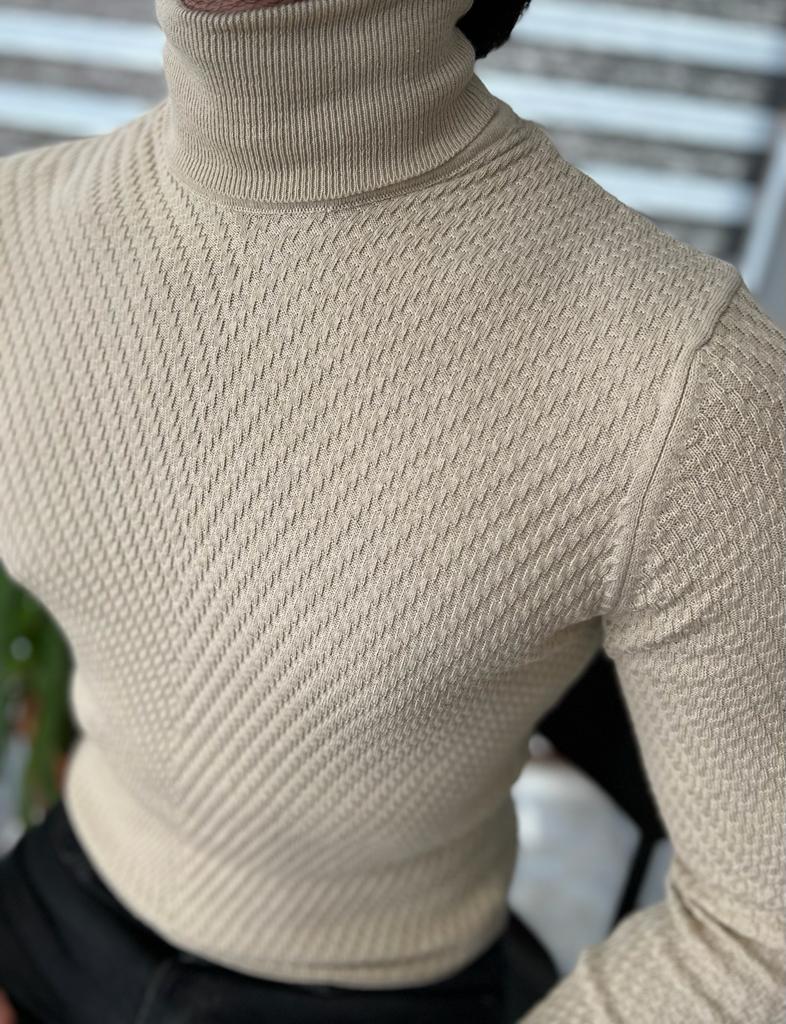 Dunfriez Beige Patterned Slim Fit Turtleneck Knitwear