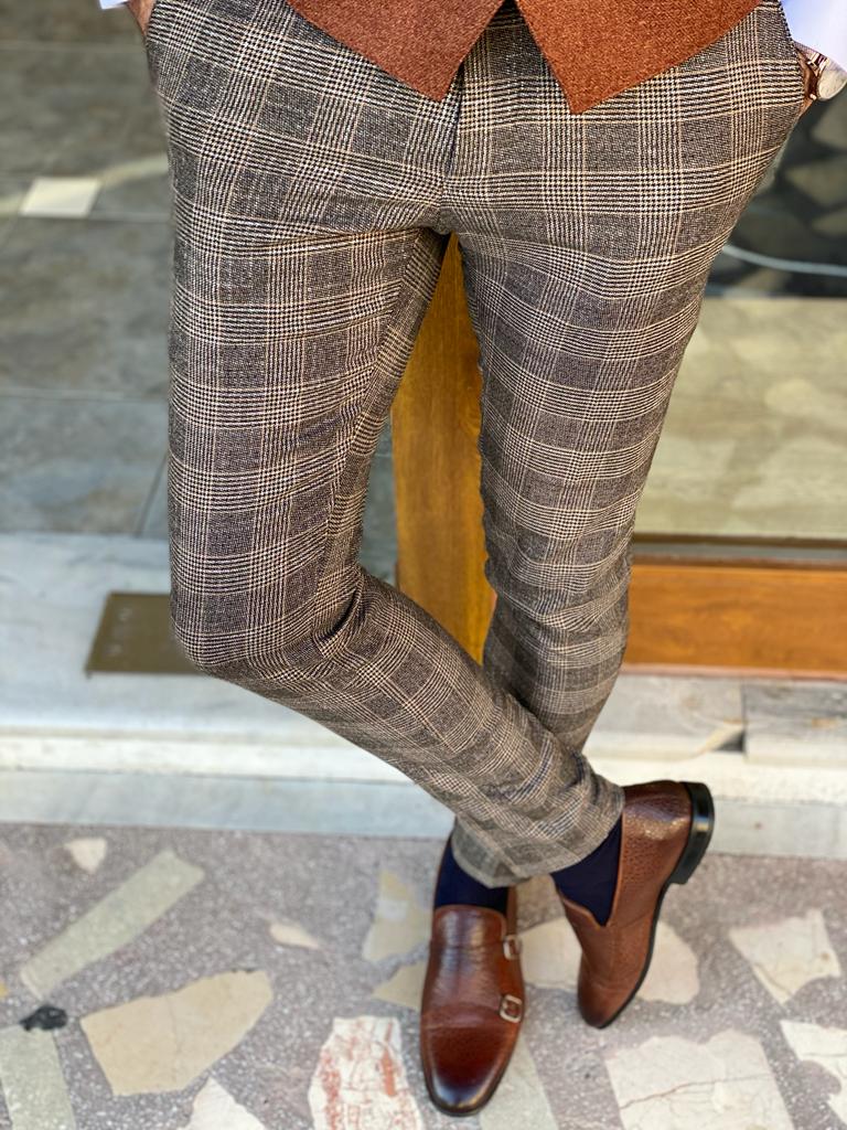 Columbus Beige Plaid Slim Fit Trousers