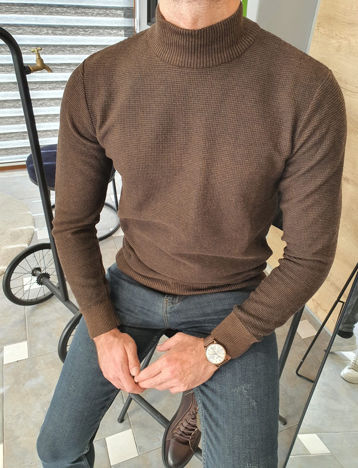 Zurich Brown  Slim Fit Half Turtleneck Sweater