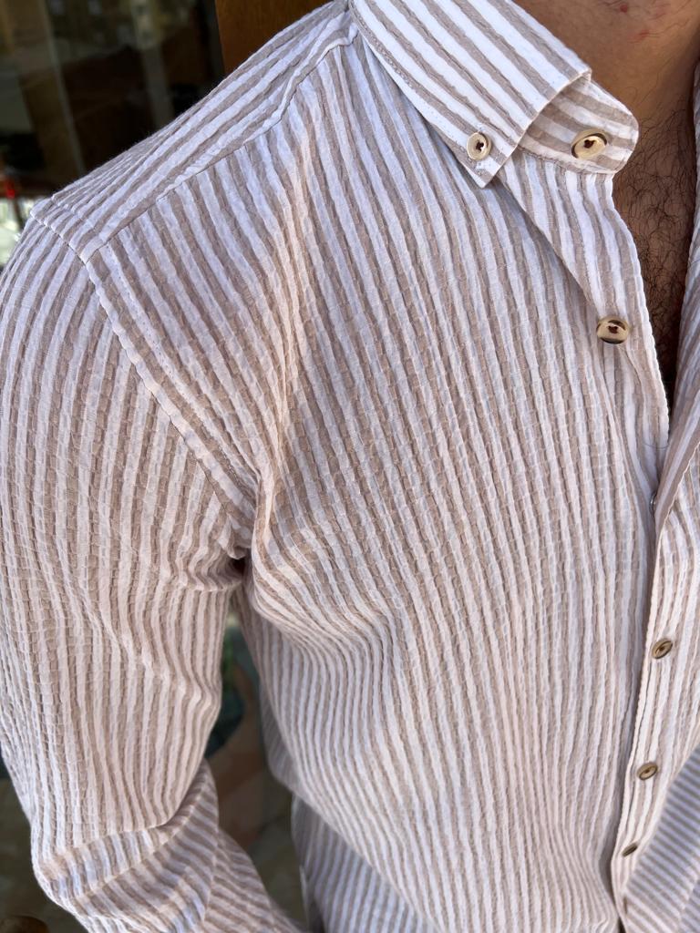 Bologna Beige Striped Slim Fit Shirt