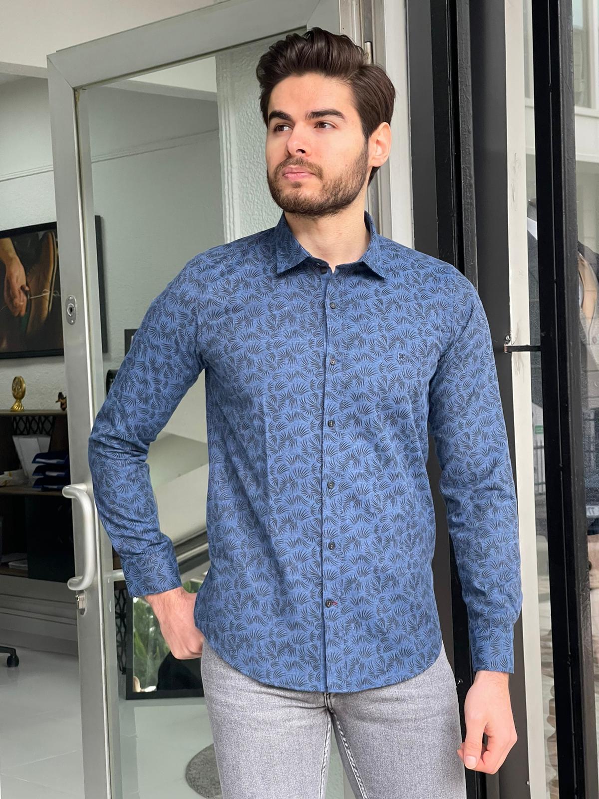 Darwin Indigo Patterned Slim Fit Shirt