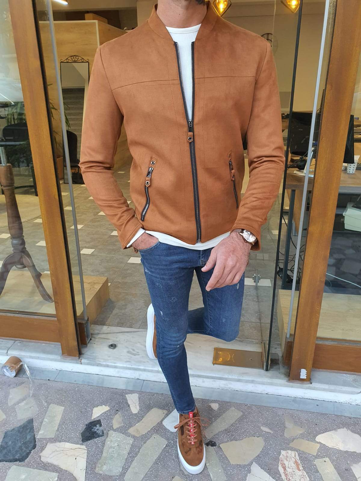 Trier Suede Brown Slim Fit Coat