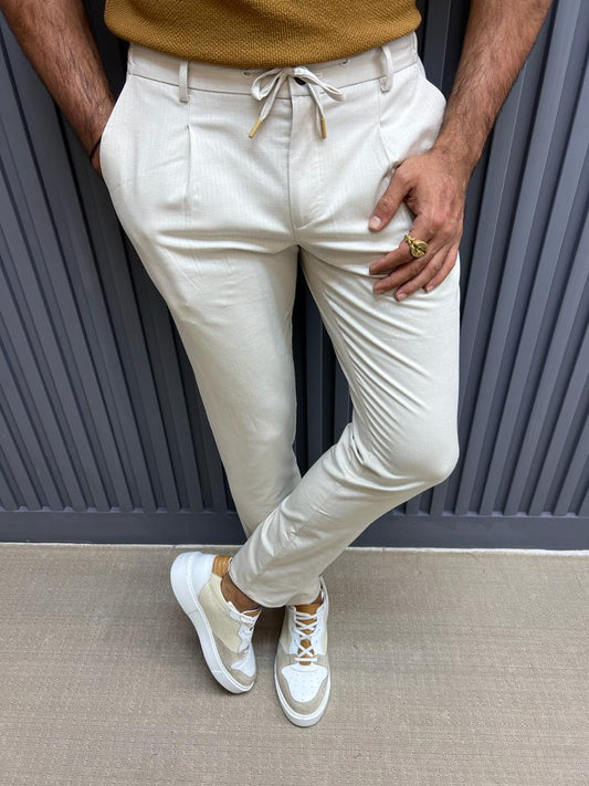 Rob Beige Pleated Slim Fit Pants