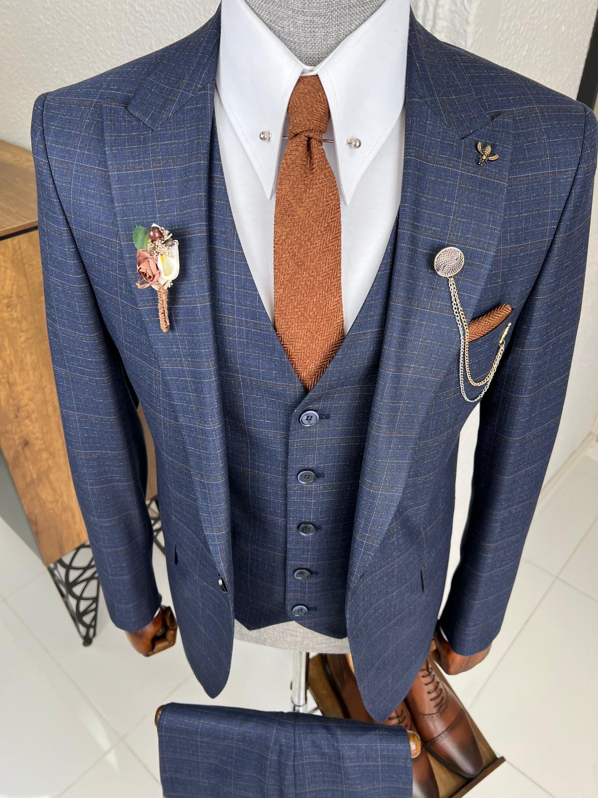 Trenton Navy Blue Plaid Slim Fit Suit