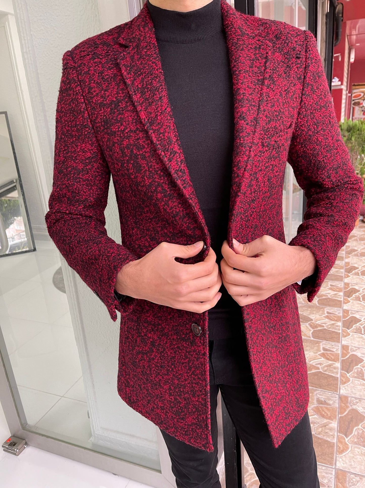 Carrara Claret Red Patterned Slim Fit Coat