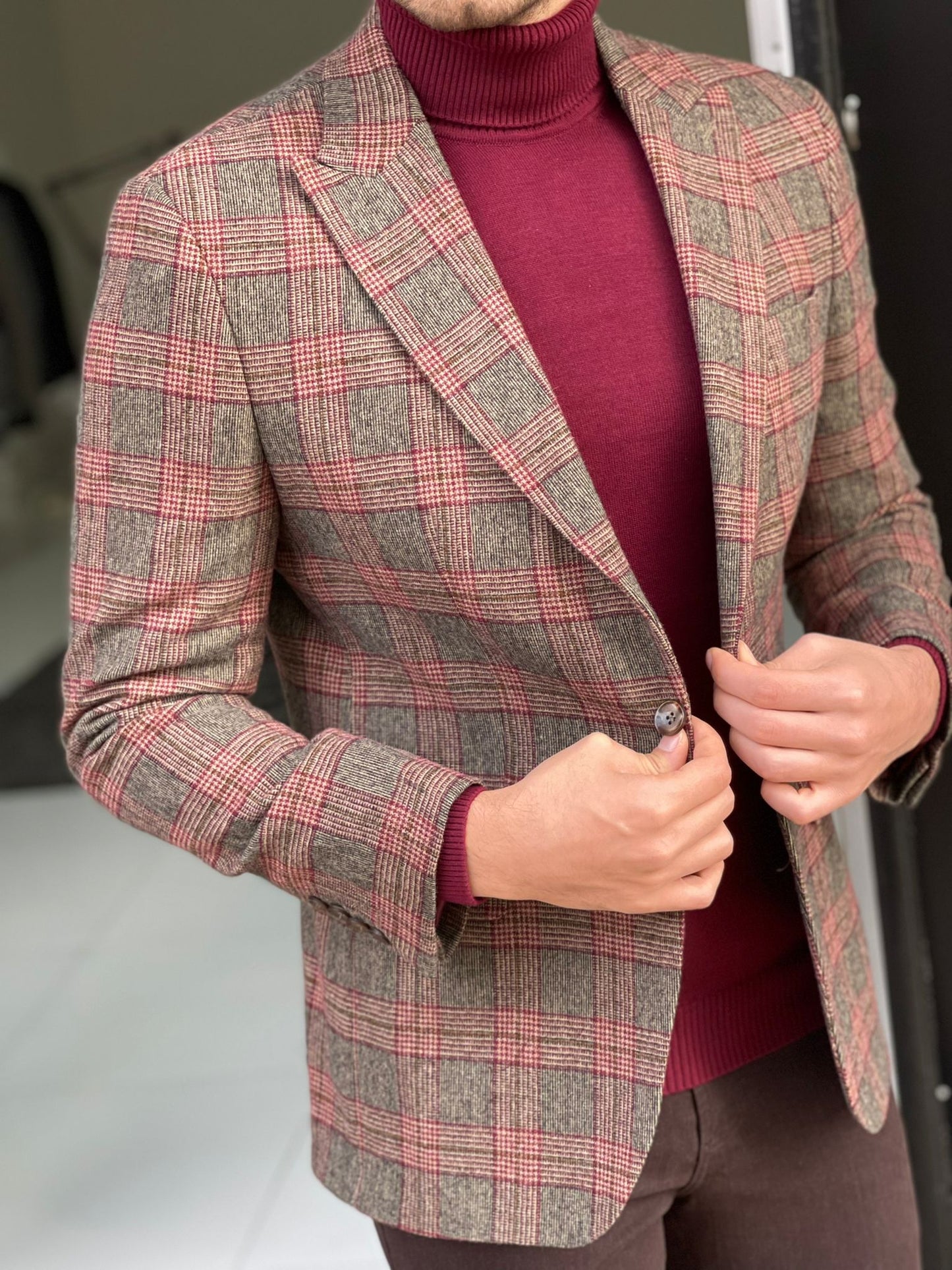 Orlando Beige Plaid Slim Fit Blazer