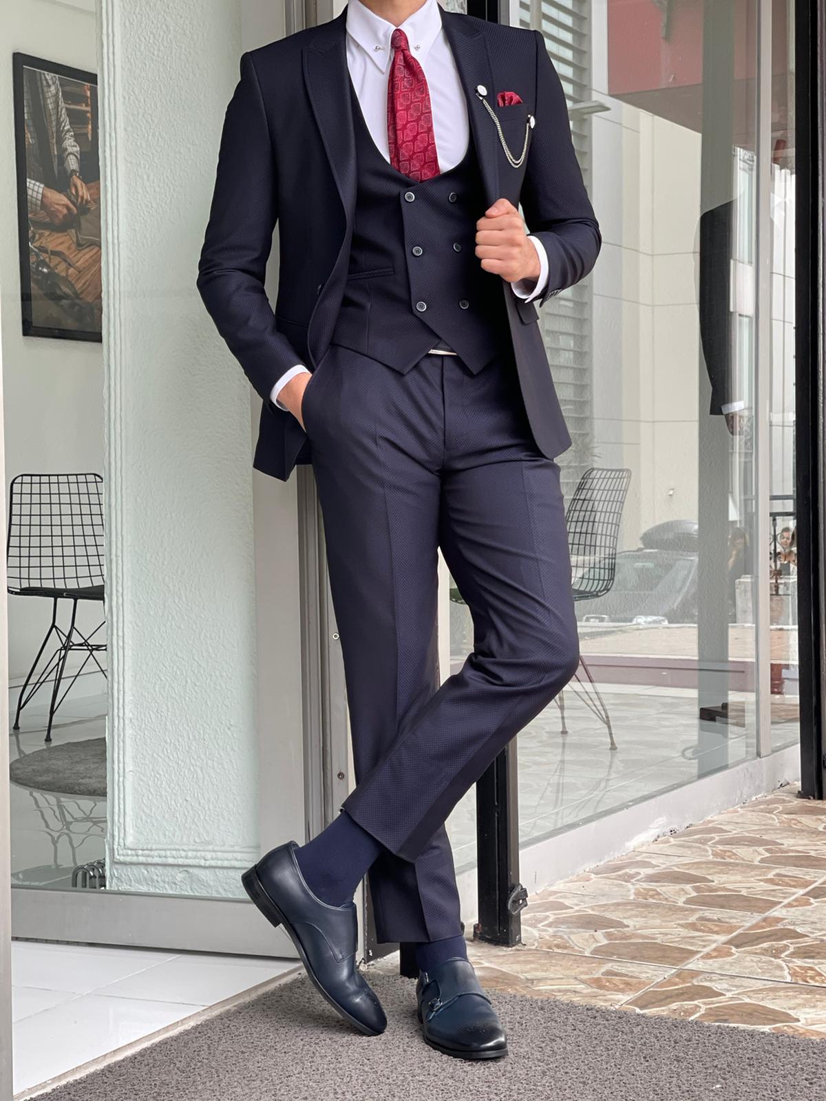 Dawson Navy Blue Patterned Slim Fit Suit