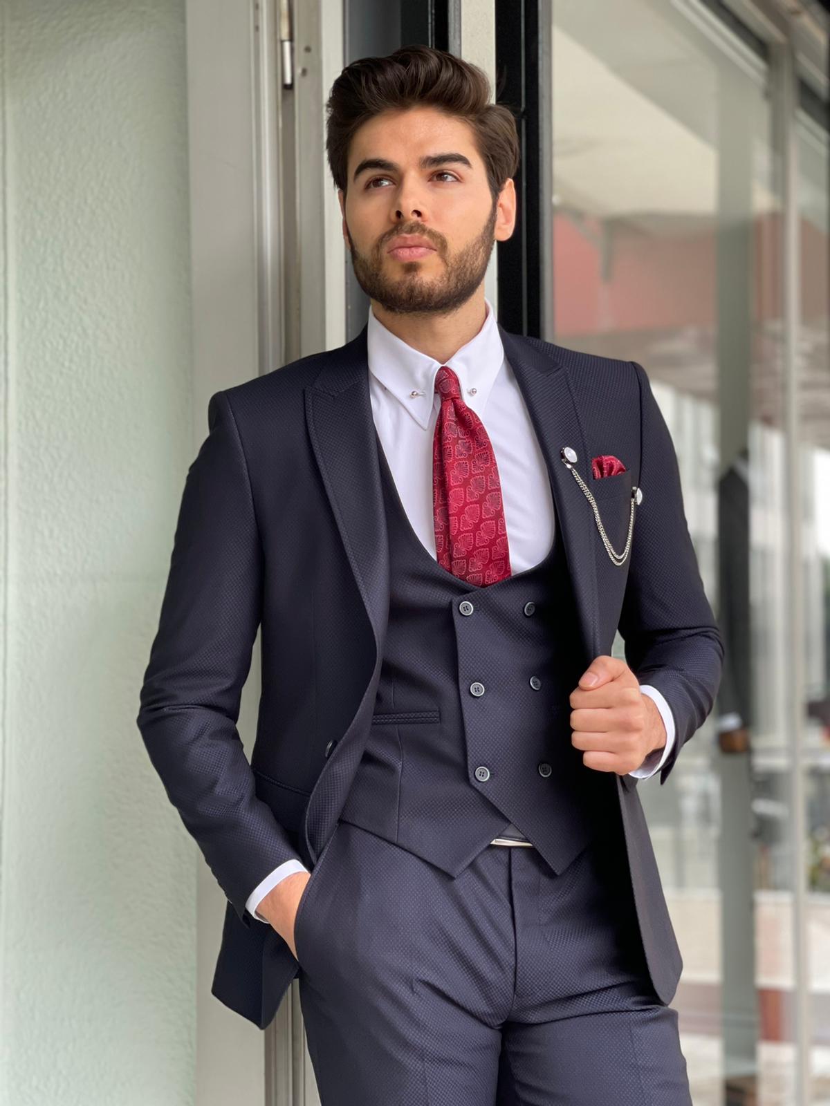 Dawson Navy Blue Patterned Slim Fit Suit