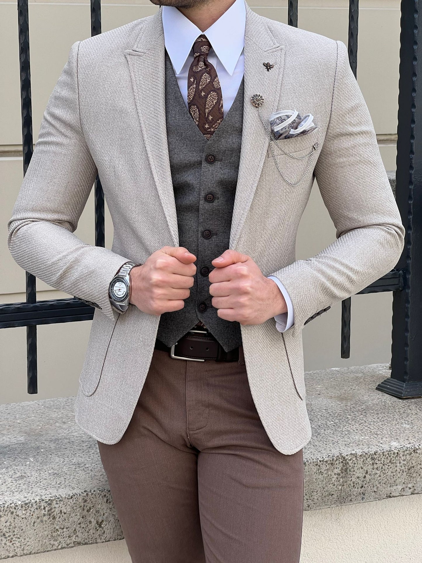 David Beige Self-Patterned Slim Fit Blazer