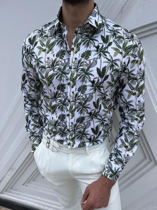 Lora Patterned Slim Fit Shirt (White & Green)