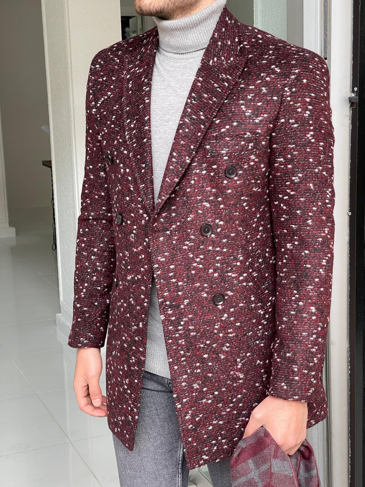 Denver Claret Red Patterned Double Breasted Slim Fit Coat