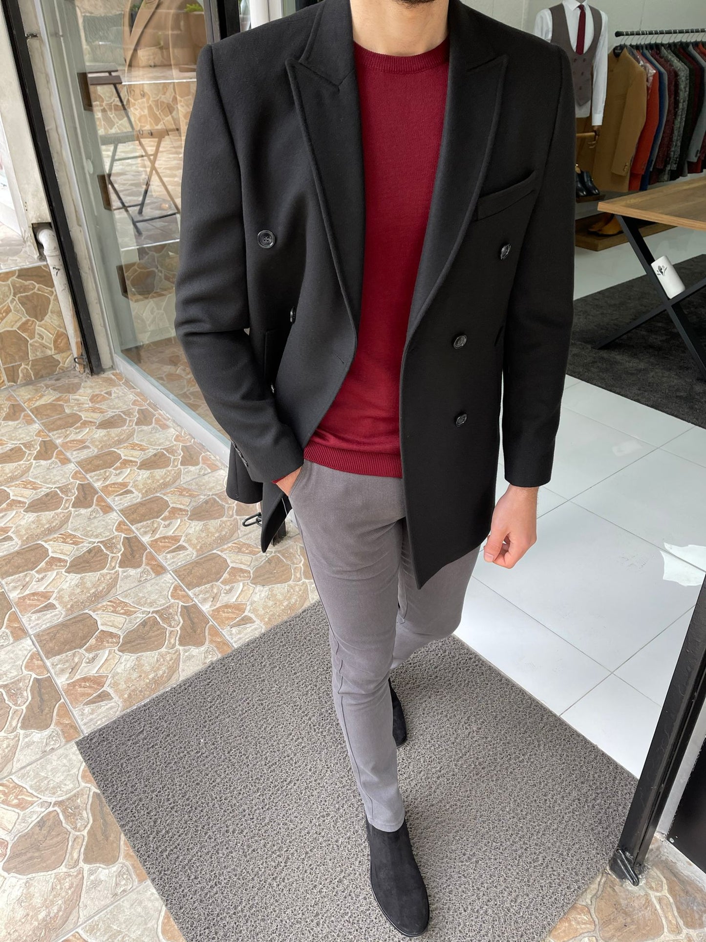 Denver Black Double Breasted Slim Fit Coat