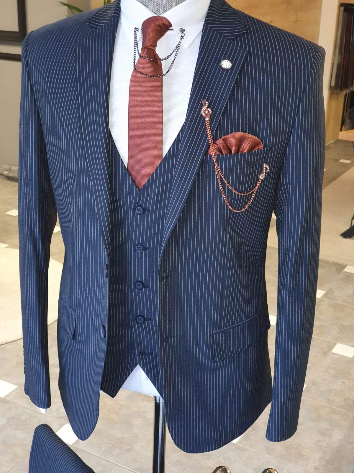 Varese Navy Blue Striped Slim Fit Suit