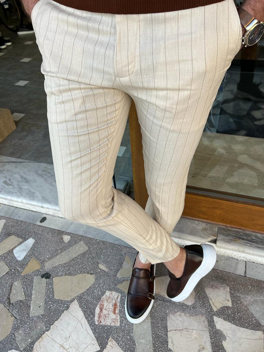 Lyon Beige Striped Slim Fit Pants