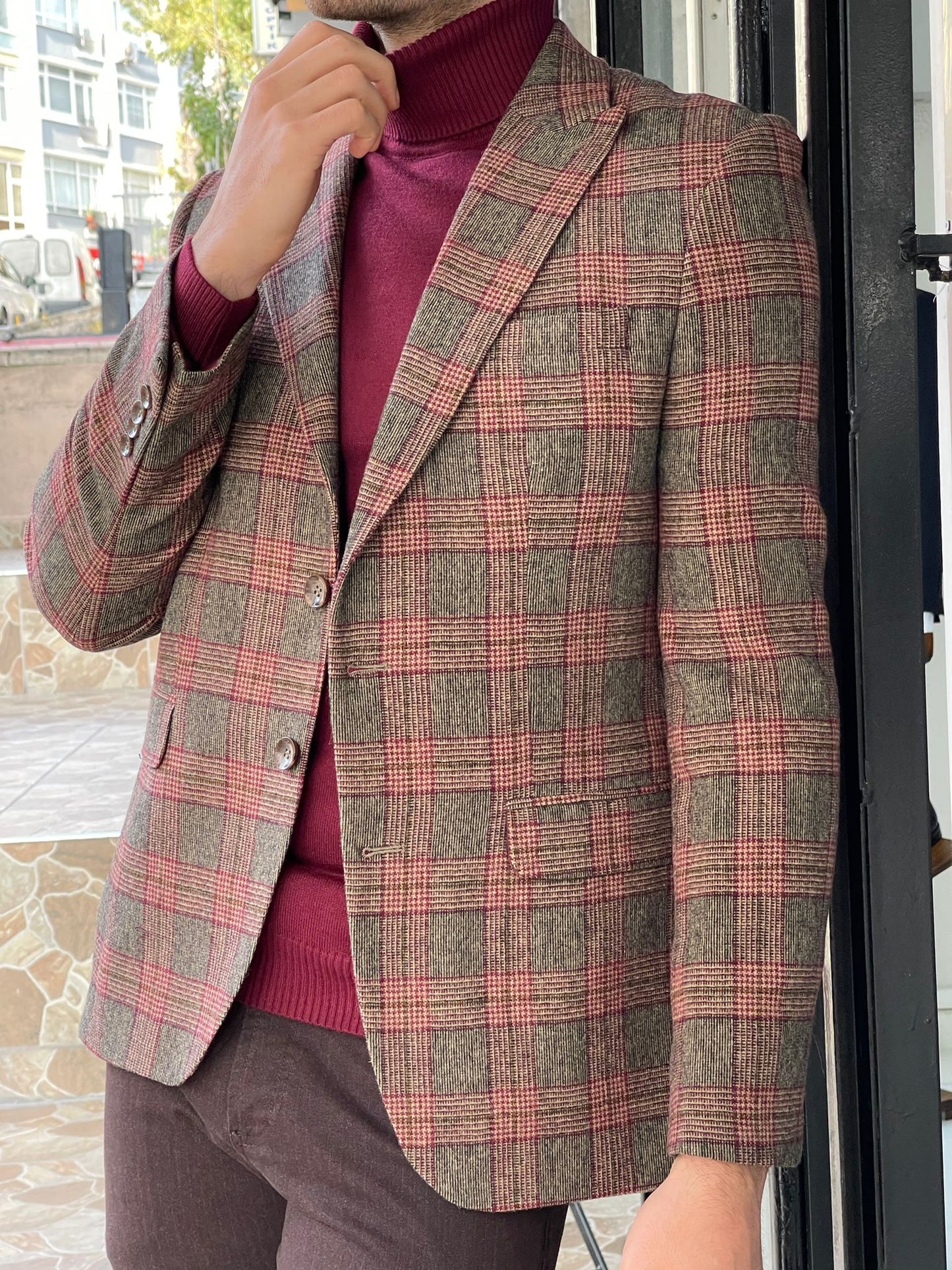 Orlando Beige Plaid Slim Fit Blazer