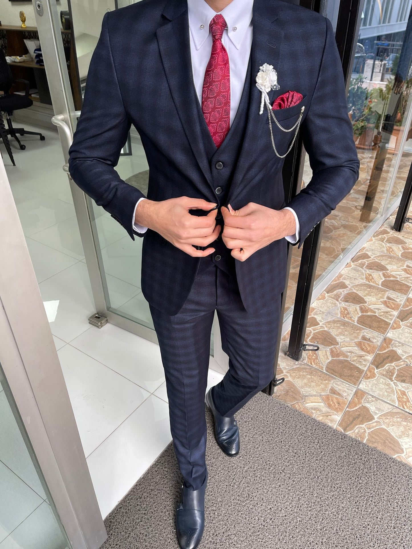 Darwin Navy Blue Plaid Slim Fit Suit