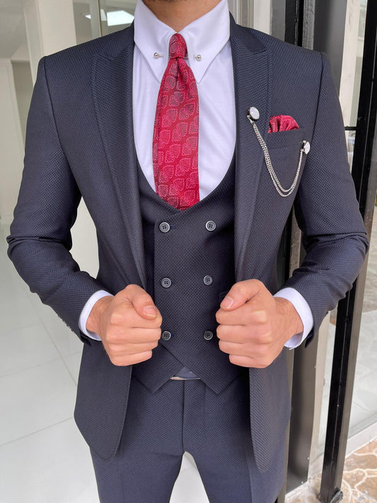 Dawson Navy Blue Patterned Slim Fit Suit