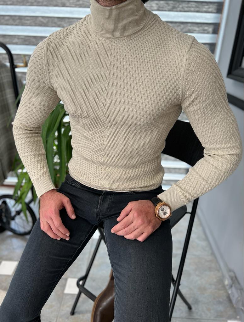 Dunfriez Beige Patterned Slim Fit Turtleneck Knitwear