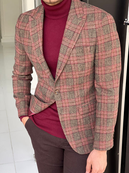 Orlando Beige Plaid Slim Fit Blazer