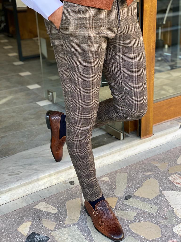 Columbus Beige Plaid Slim Fit Trousers