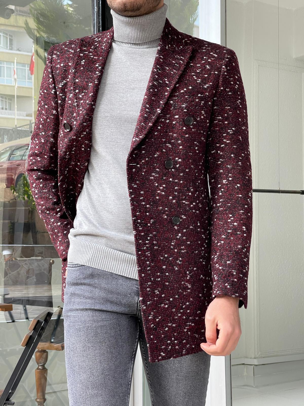 Denver Claret Red Patterned Double Breasted Slim Fit Coat