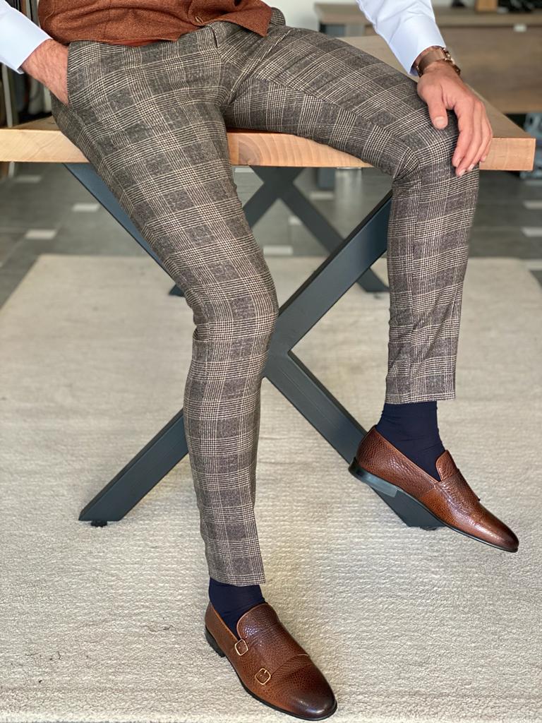 Columbus Beige Plaid Slim Fit Trousers