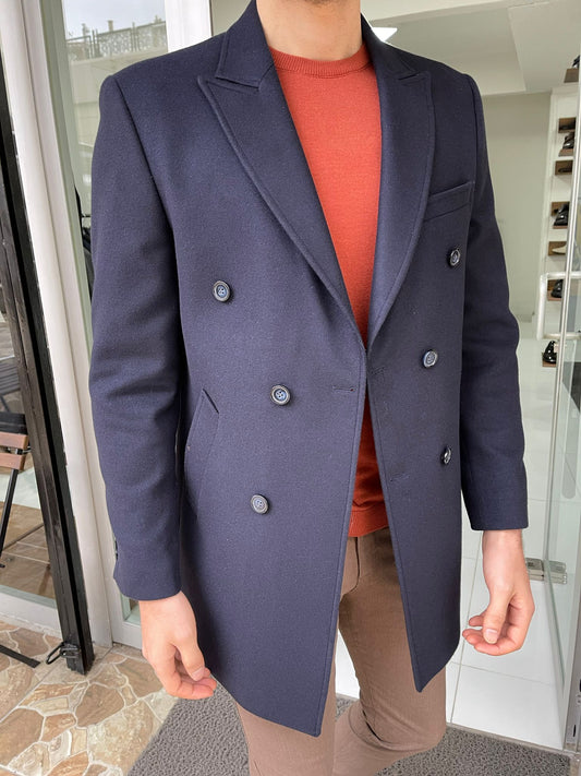 Denver Navy Blue Double Breasted Slim Fit Coat