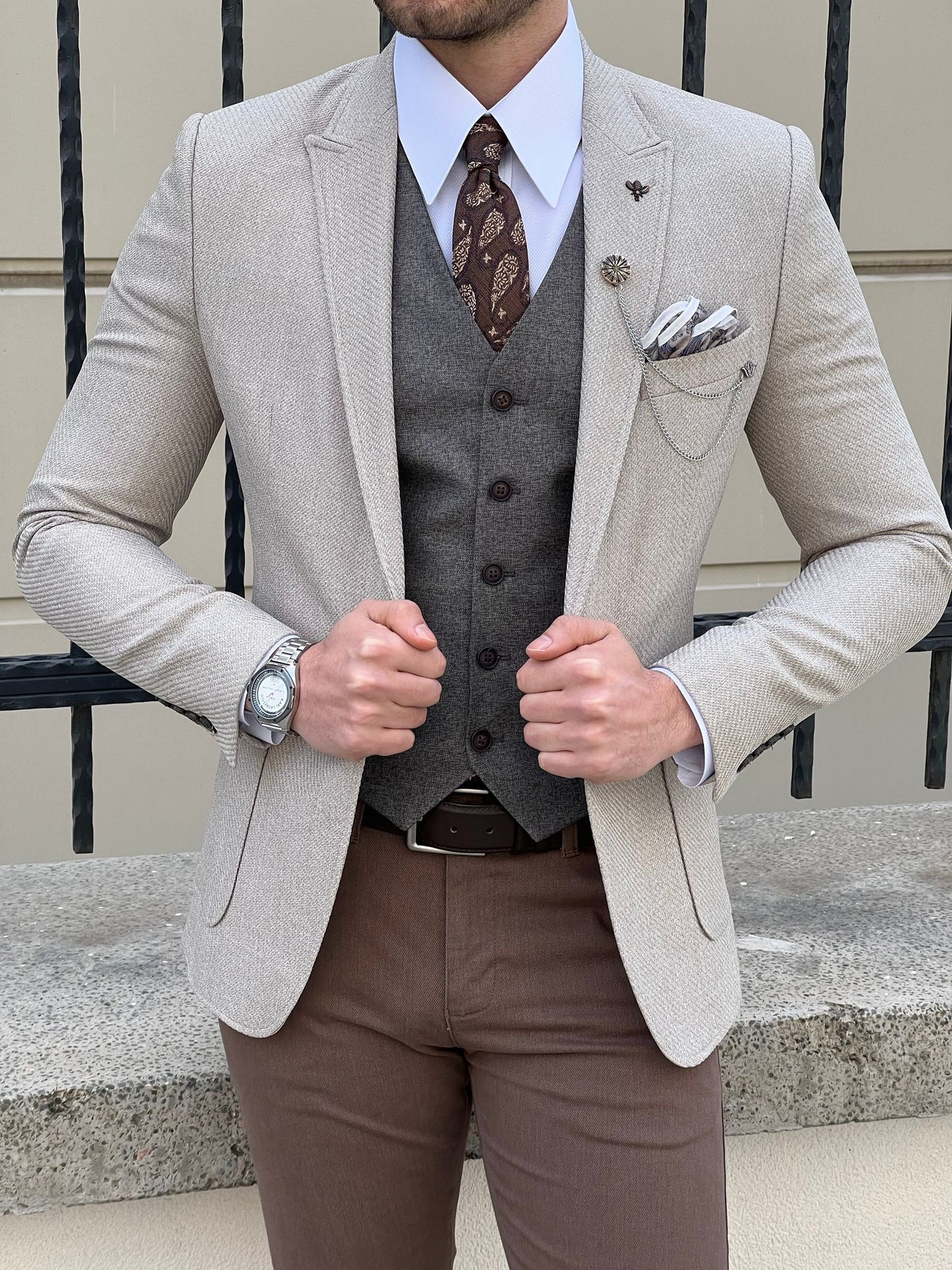 David Beige Self-Patterned Slim Fit Blazer