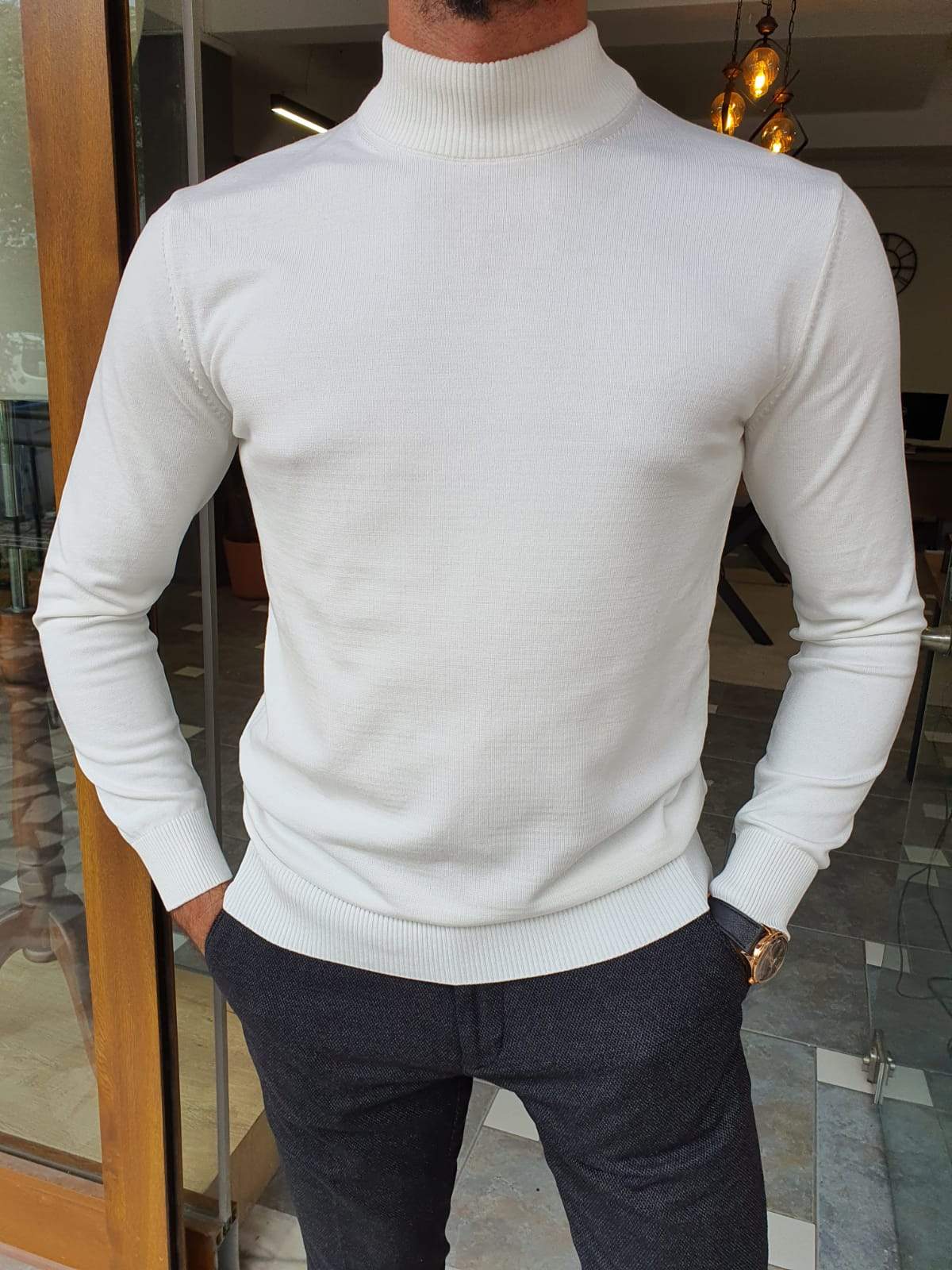 Aachen White Slim Fit Sweater