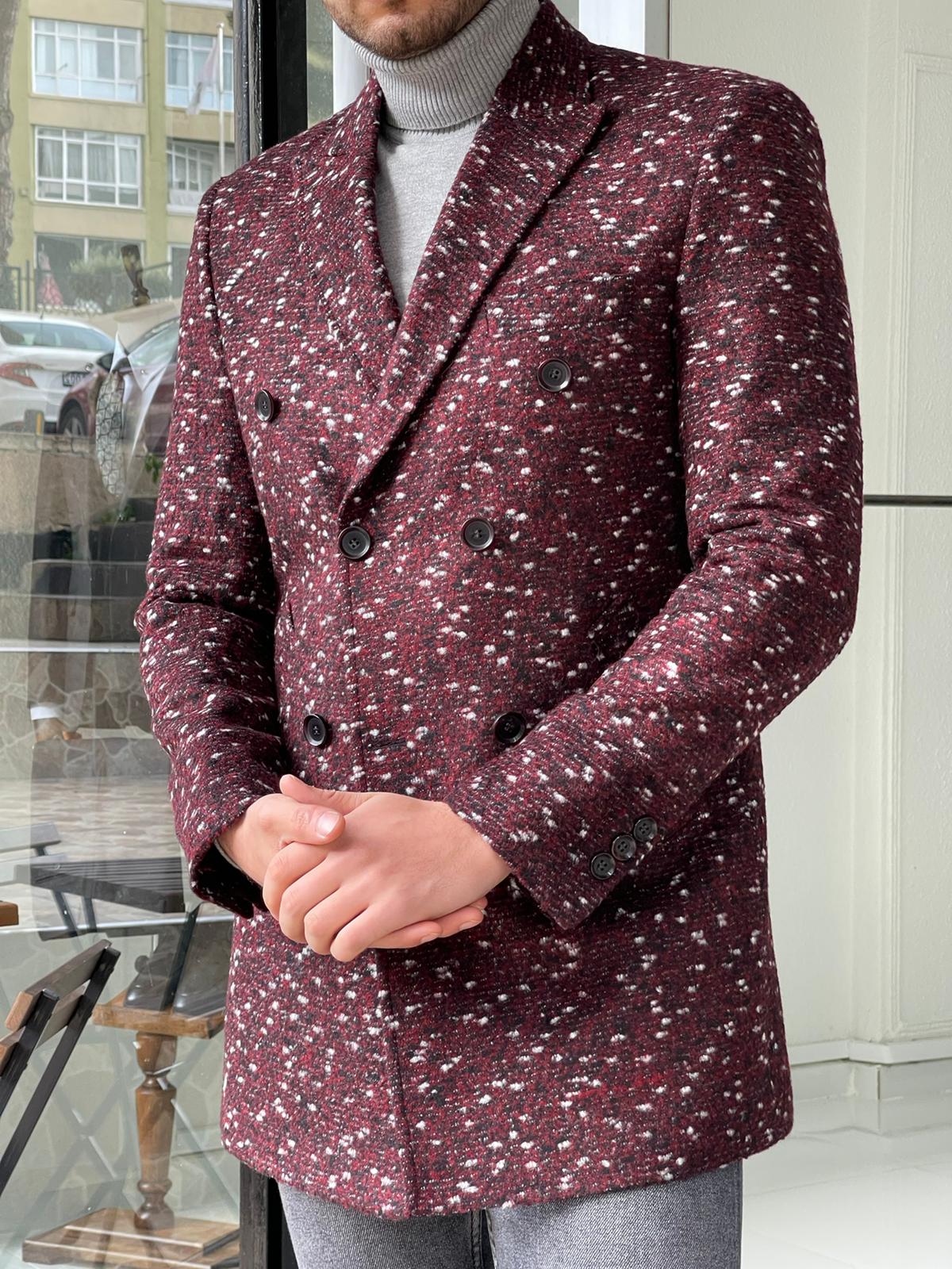 Denver Claret Red Patterned Double Breasted Slim Fit Coat