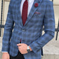 Messina Navy Blue Plaid Slim Fit Blazer