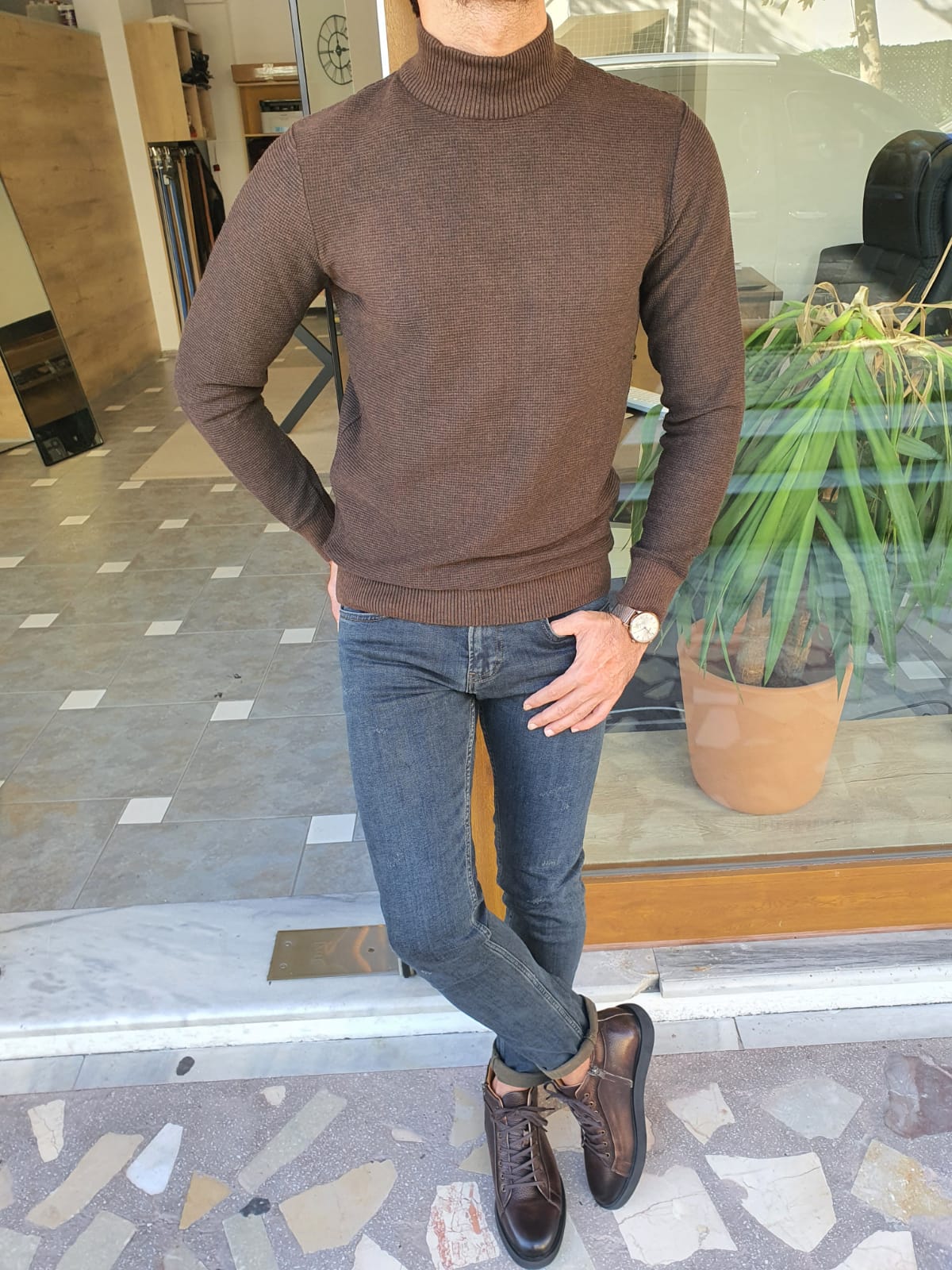 Zurich Brown  Slim Fit Half Turtleneck Sweater