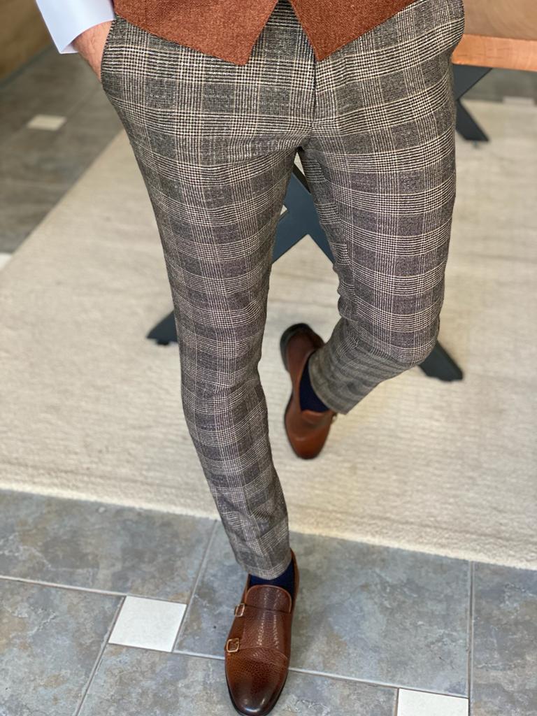 Columbus Beige Plaid Slim Fit Trousers