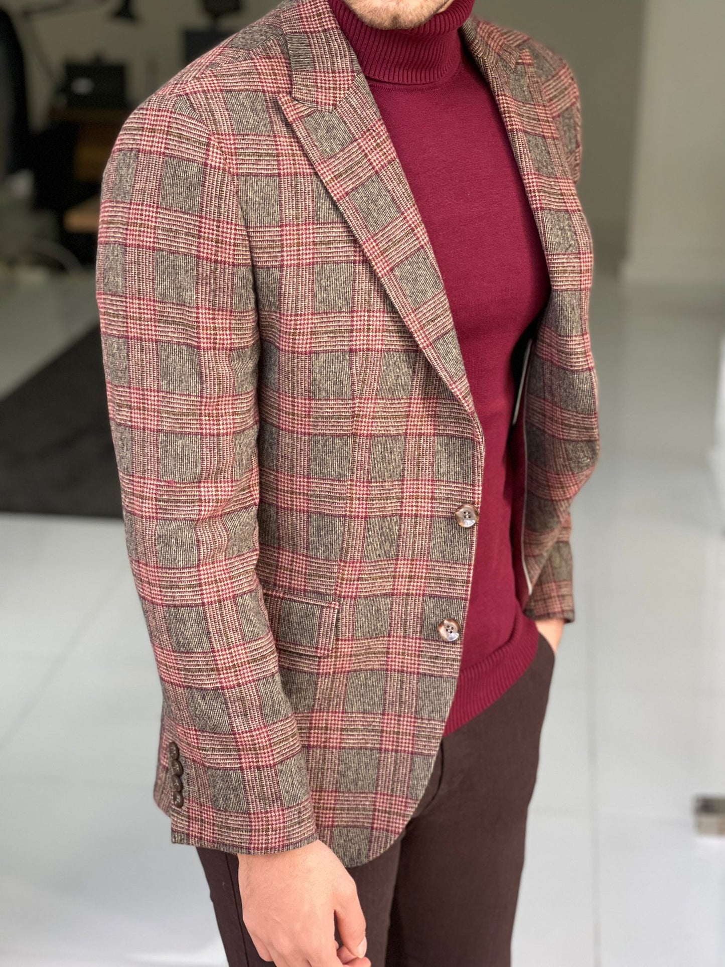 Orlando Beige Plaid Slim Fit Blazer