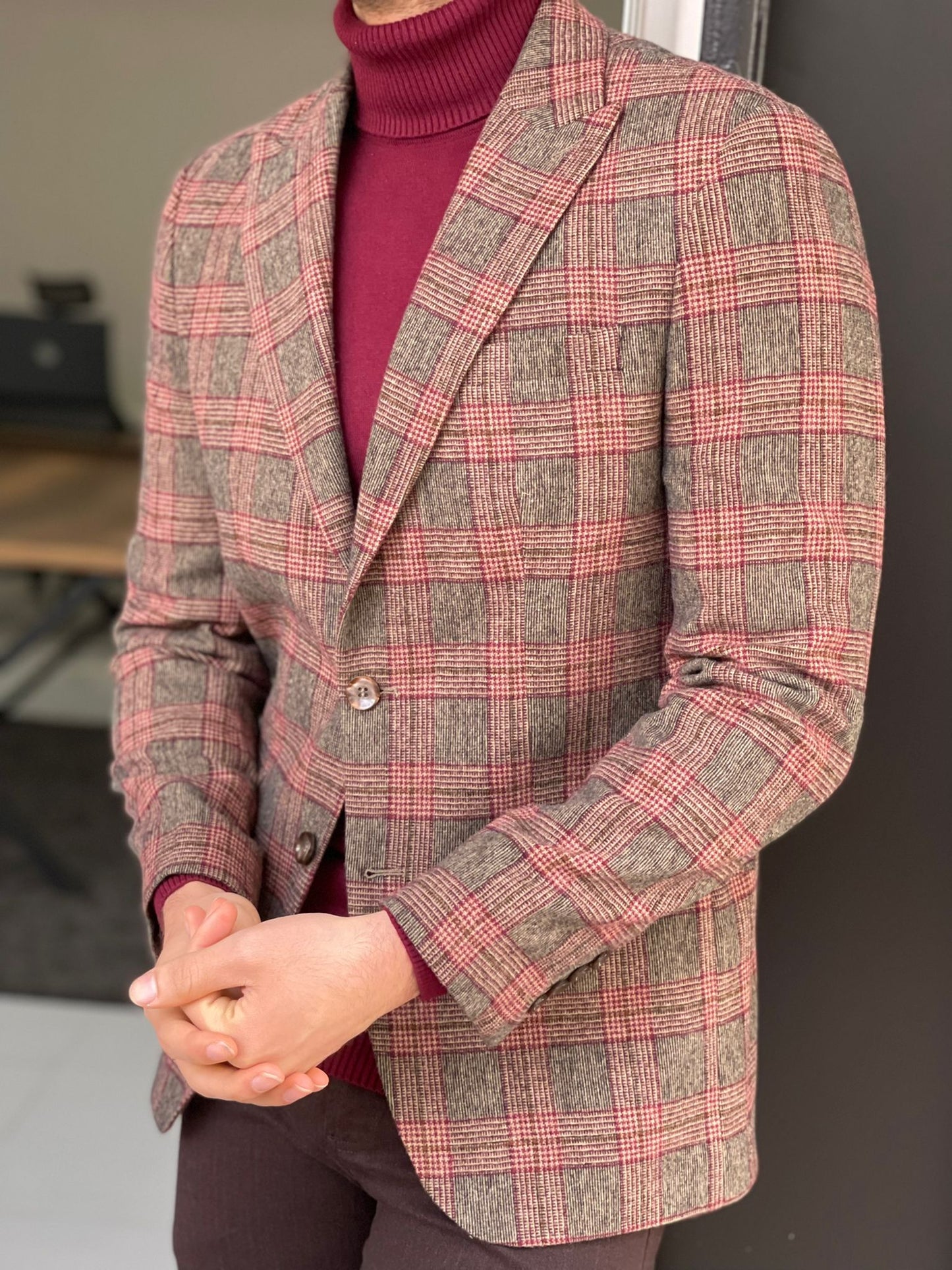 Orlando Beige Plaid Slim Fit Blazer