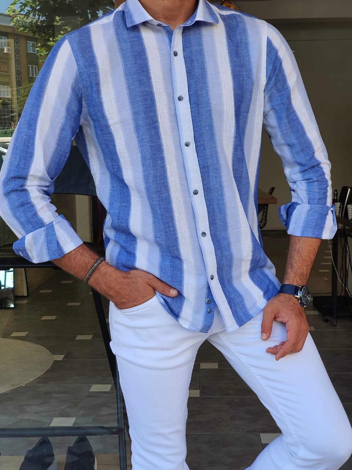 Elmore Blue Striped Slim Fit Shirt