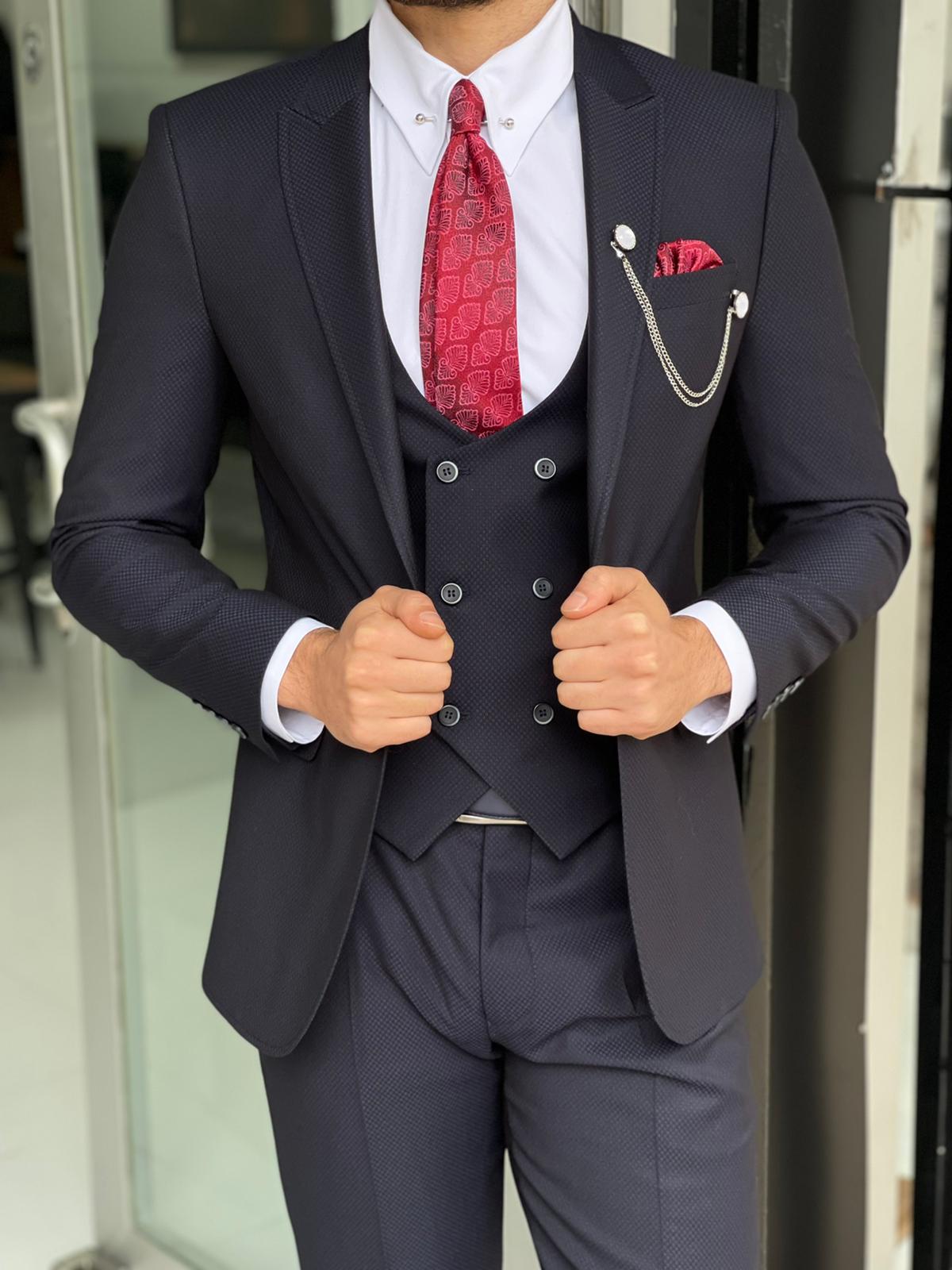 Dawson Navy Blue Patterned Slim Fit Suit