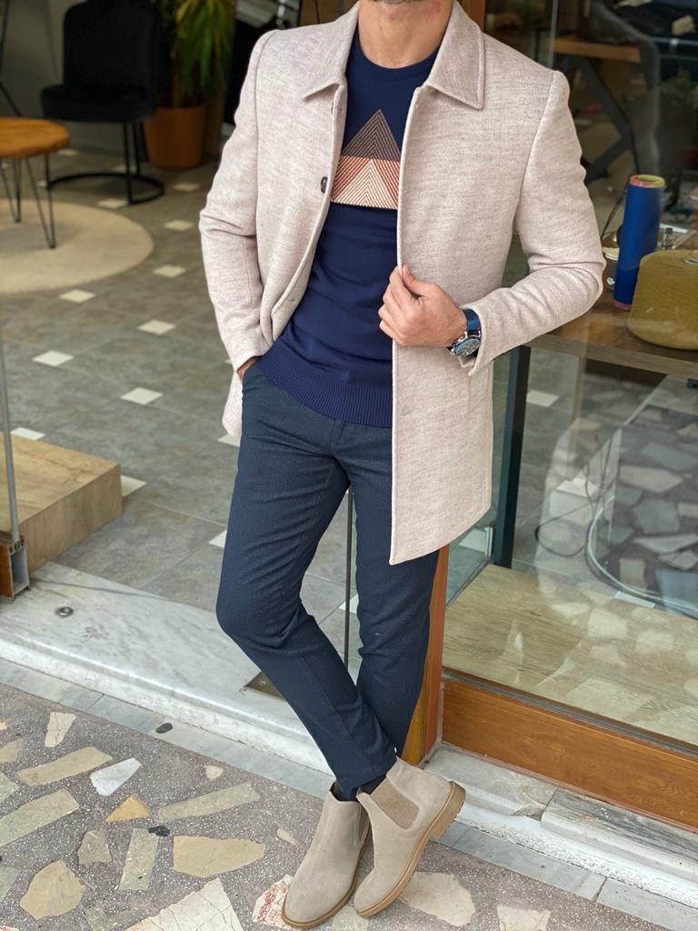 Genoa Beige Wool Collar Slim Fit Coat