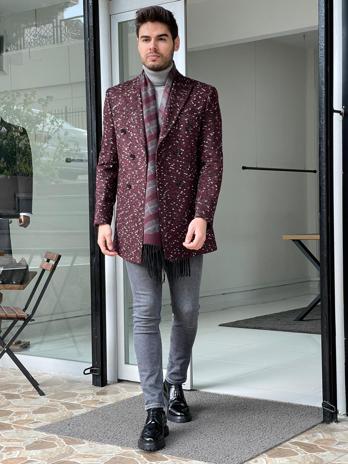 Denver Claret Red Patterned Double Breasted Slim Fit Coat