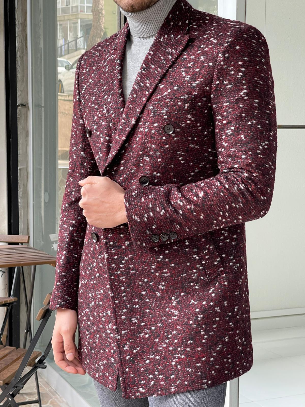 Denver Claret Red Patterned Double Breasted Slim Fit Coat