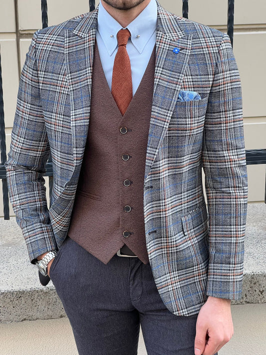 Mustang Gray Plaid Slim Fit Blazer