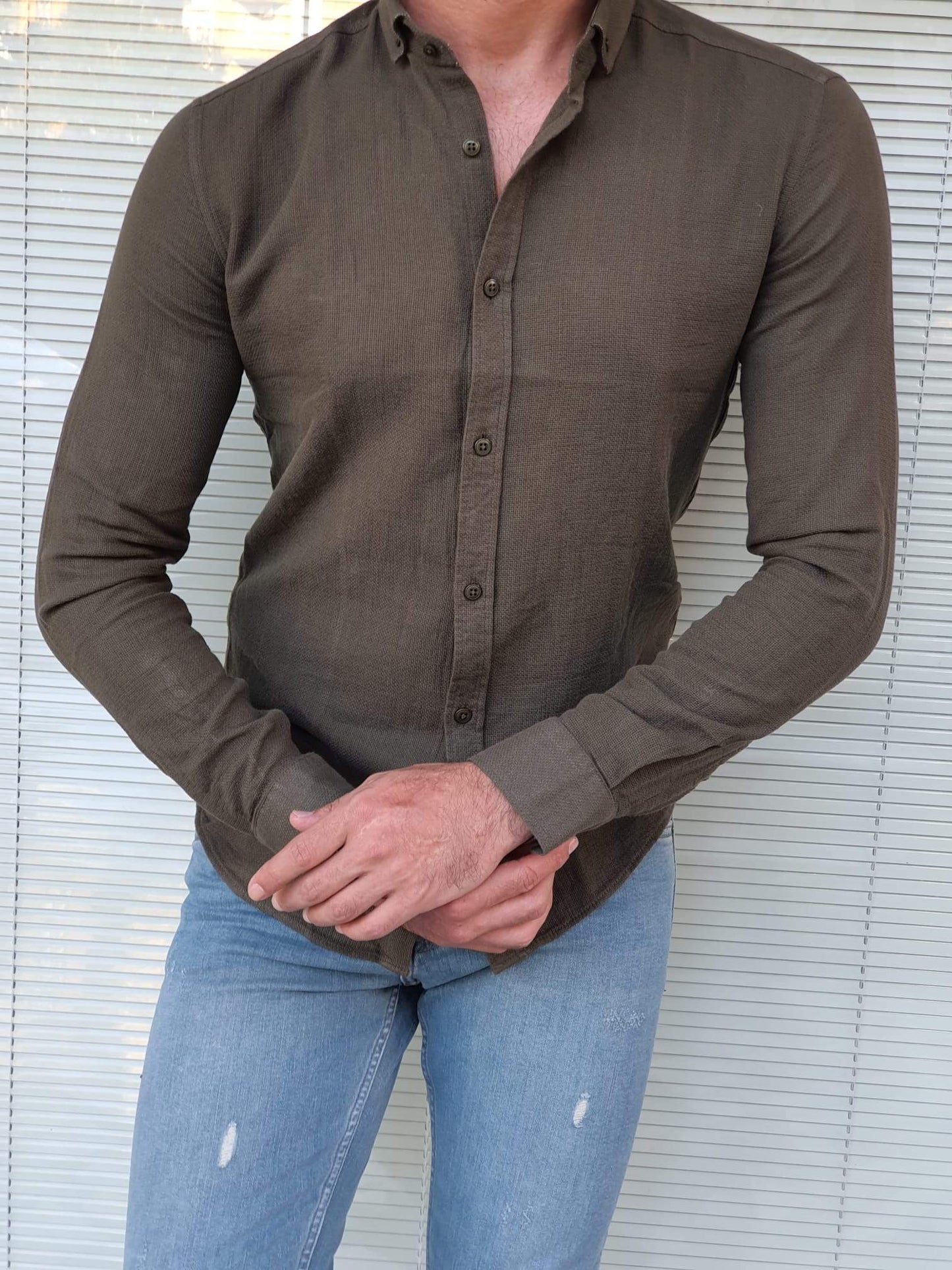 Chester Khaki Patterned Slim Fit Shirt