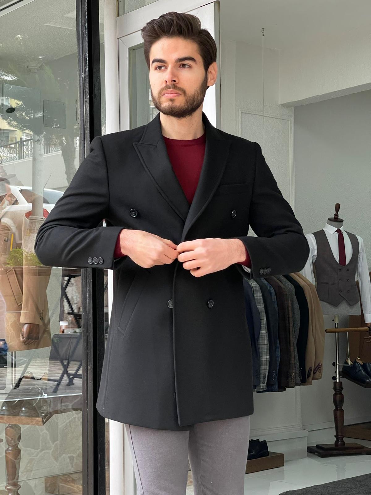 Denver Black Double Breasted Slim Fit Coat