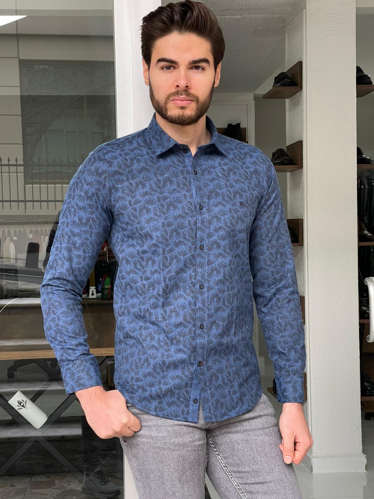 Darwin Indigo Patterned Slim Fit Shirt