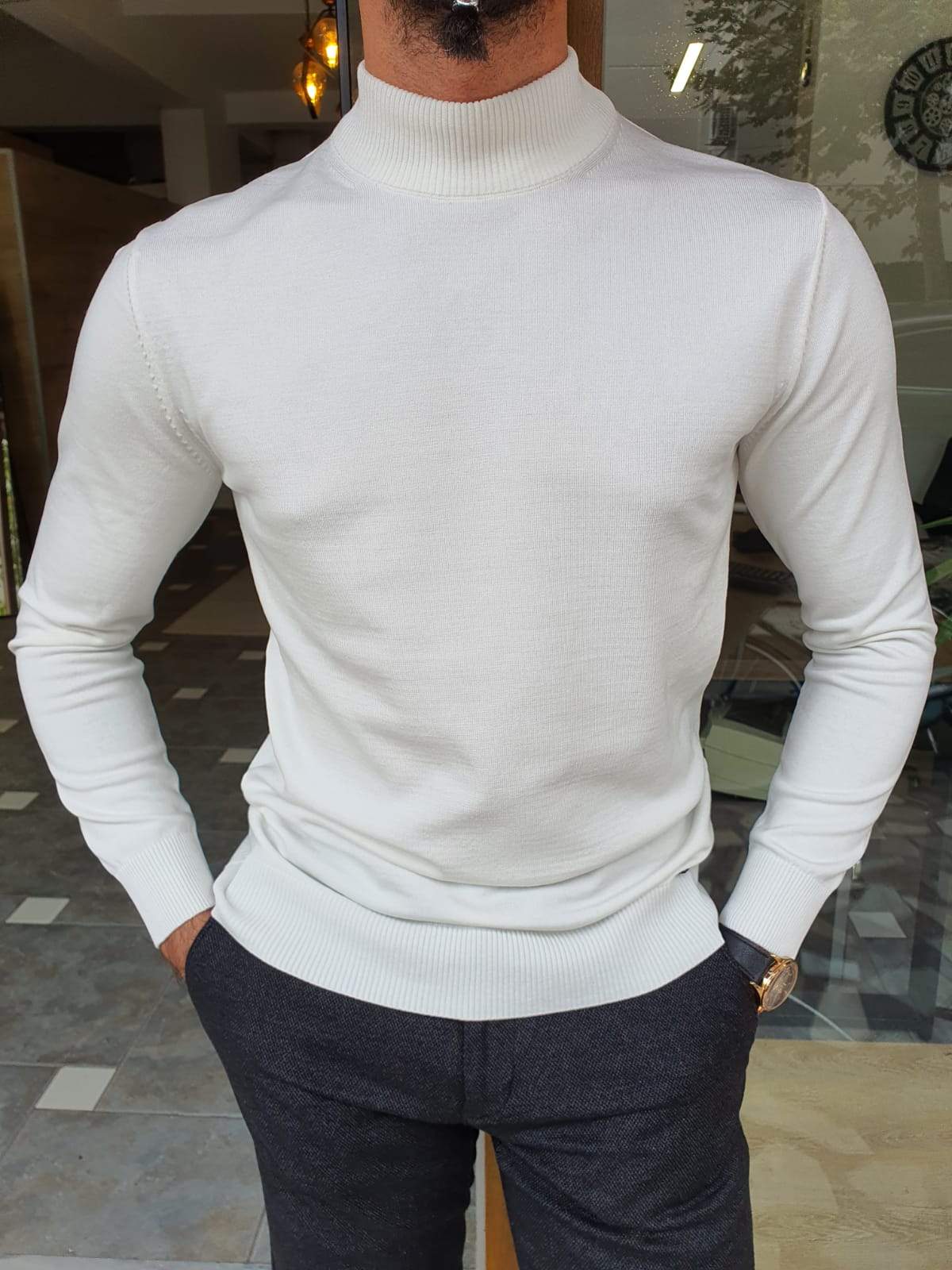 Aachen White Slim Fit Sweater