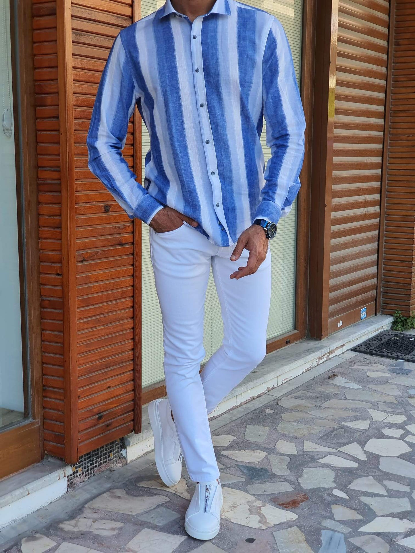 Elmore Blue Striped Slim Fit Shirt