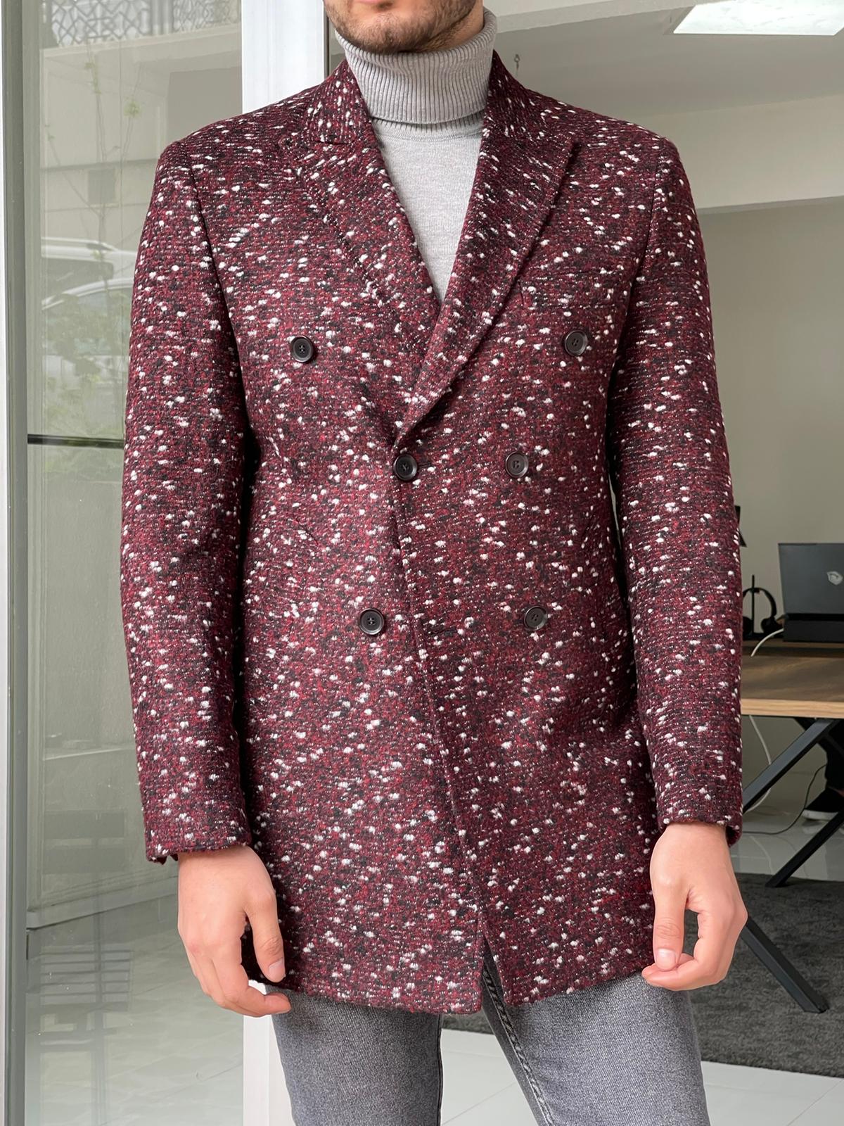 Denver Claret Red Patterned Double Breasted Slim Fit Coat