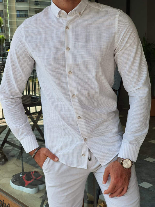 Verona Beige Striped Slim Fit Shirt