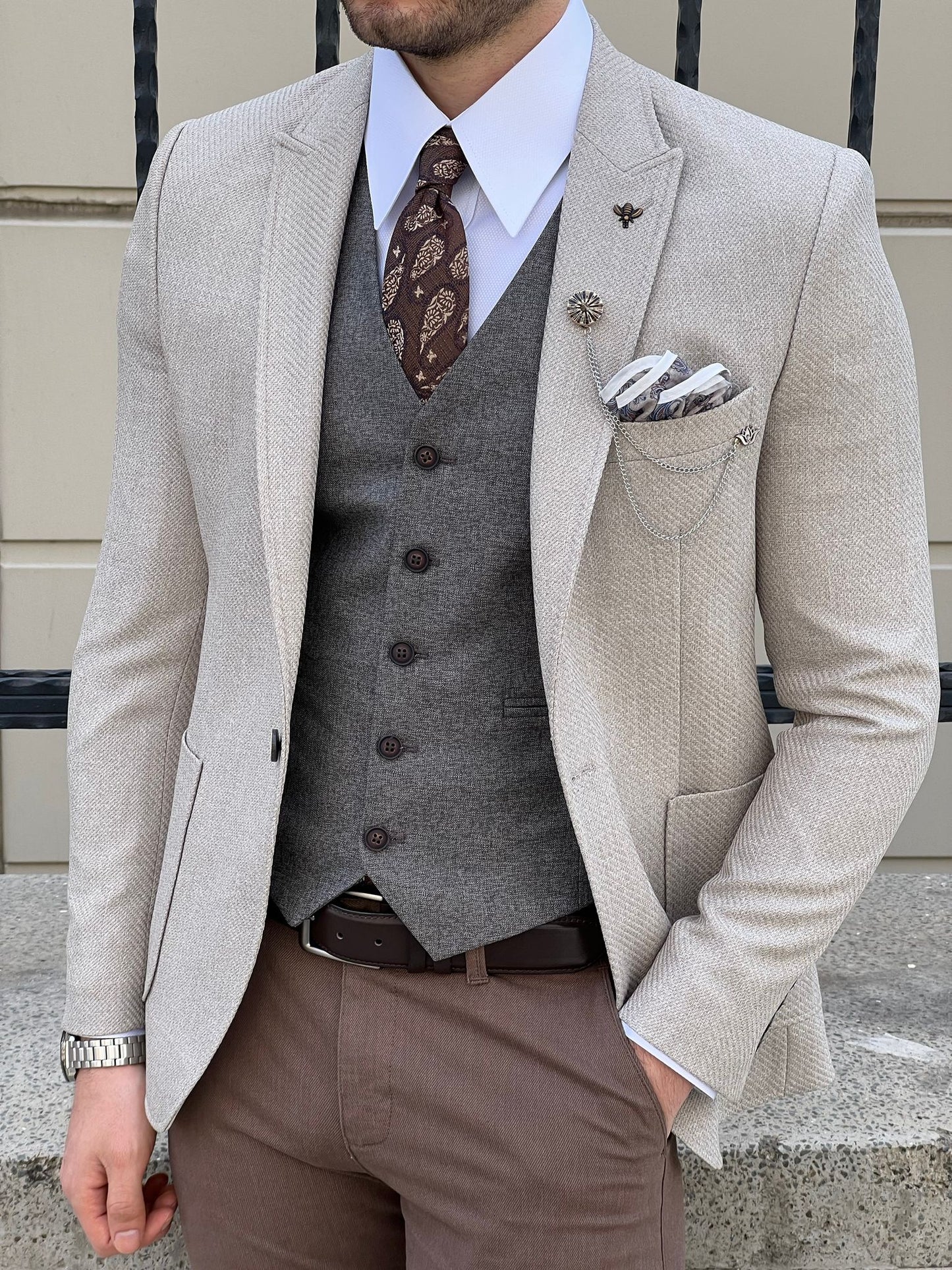 David Beige Self-Patterned Slim Fit Blazer